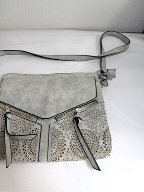Gray Sage Green Crossbody Purse Zip Zipper Pockets Perforated Boho Bohemian